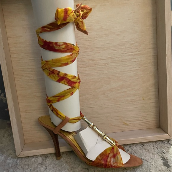 Nine West Jennica orange and yellow lace up heel sandal size 5.5 - Picture 14 of 15